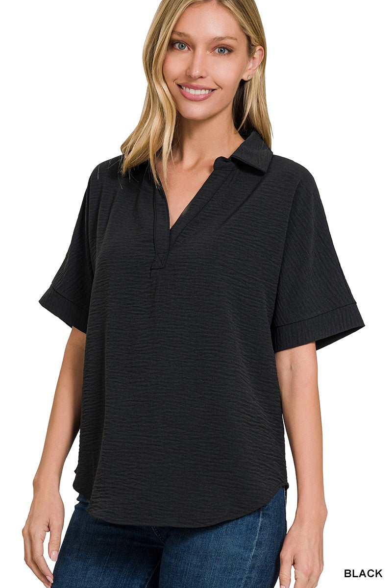 Collared V-neck Top (Black)