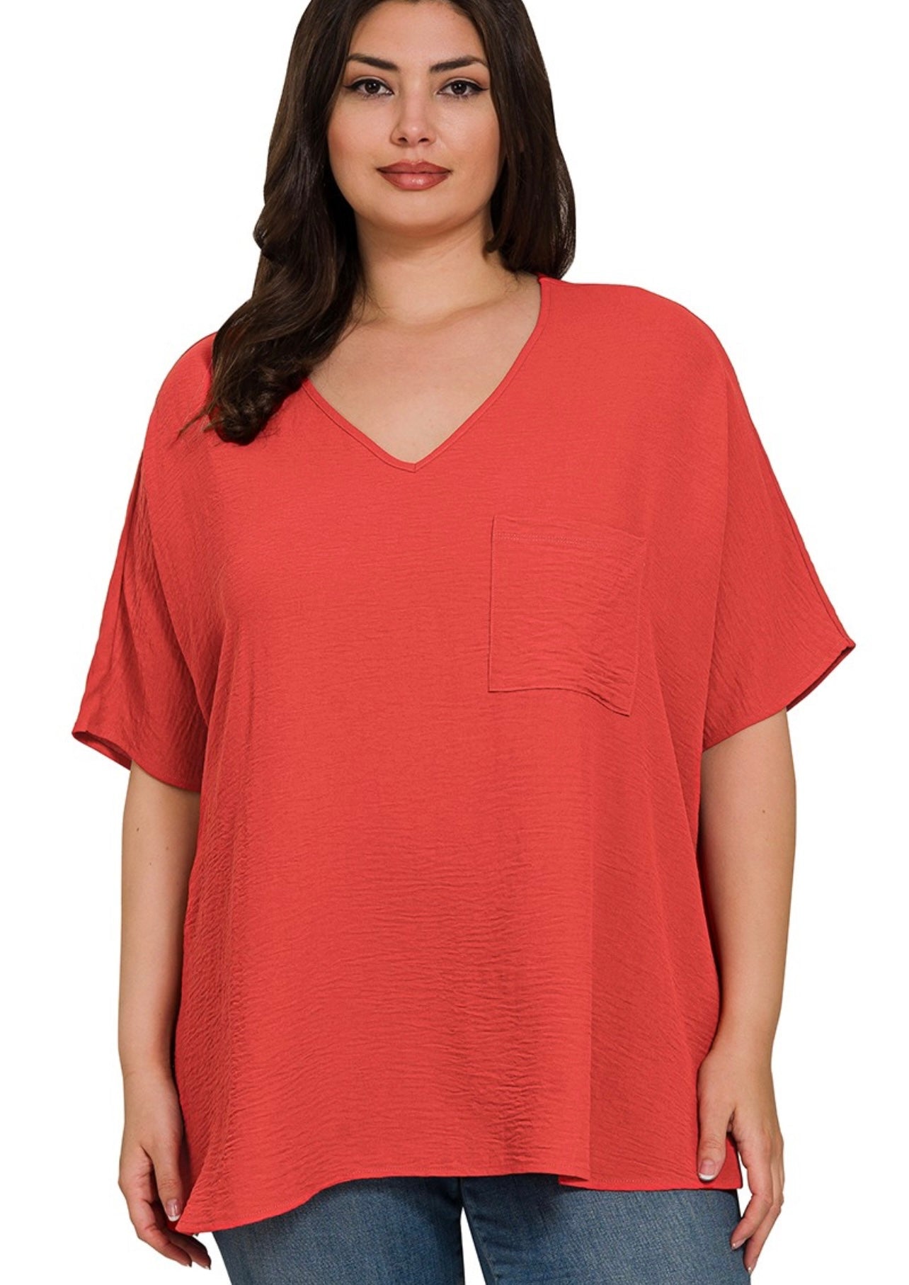 V-Neck Pocket Top (Plus) Red