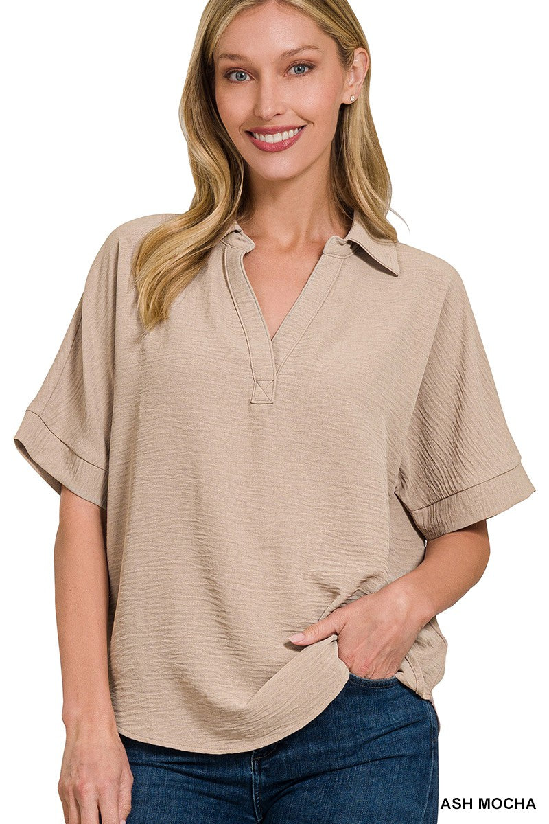 Collared V-neck Top (Mocha)